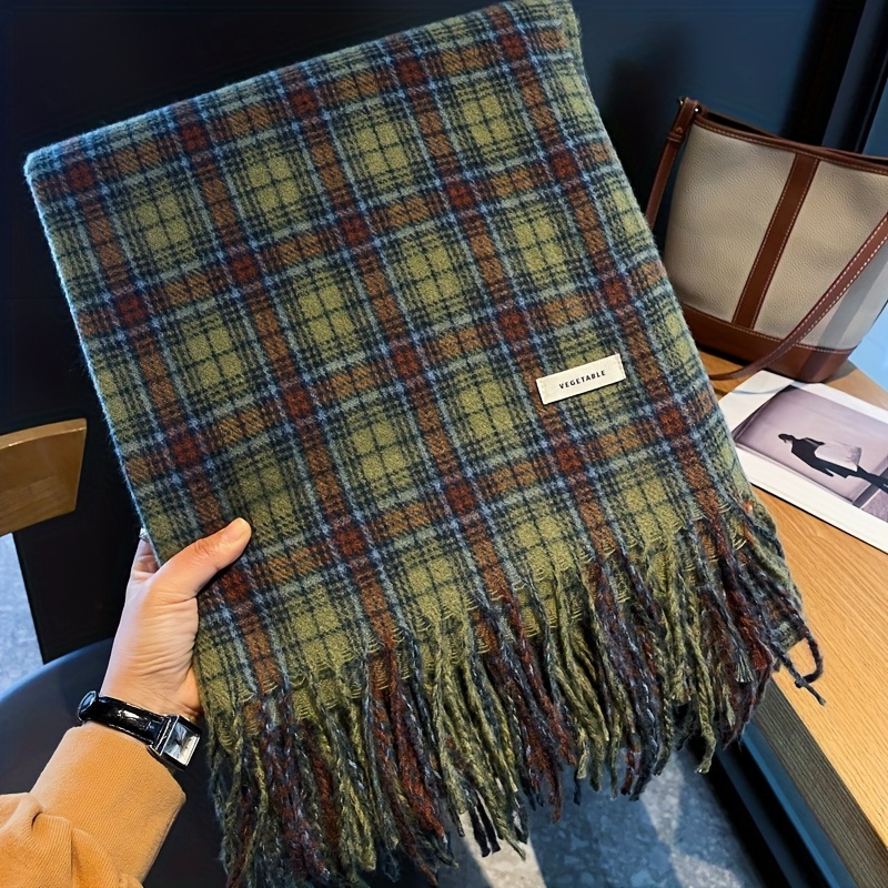 Vintage Fashion Knitwear - Vintage Grün Plaid Quaste Schal Frauen
