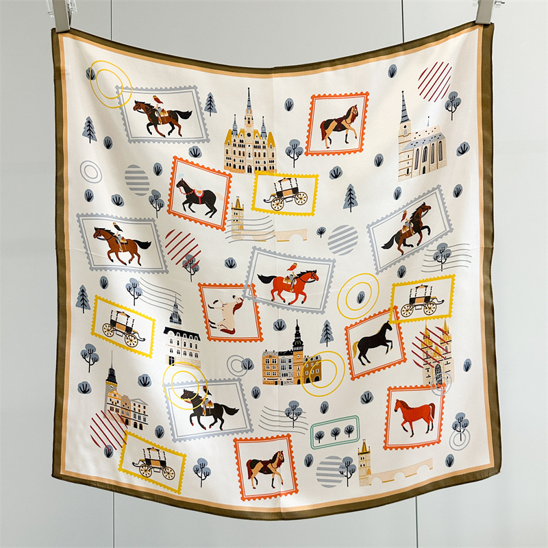 Vintage Fashion Knitwear - 100% Maulbeerseide 65x65cm Vintage-Stempel Reitsport-Schloss Quadratischer