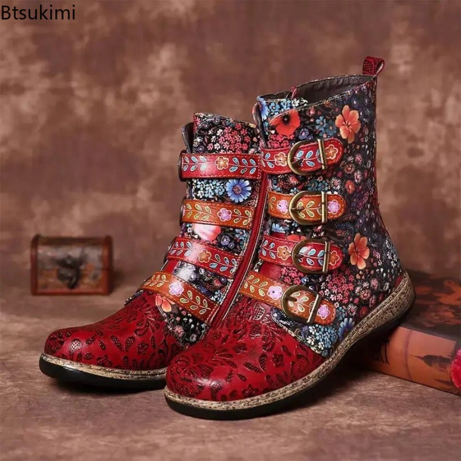 Vintage Fashion Female - Ethnische Damen-Lederstiefel mit Muster, Herbst-Winter, Vintage-Stil,