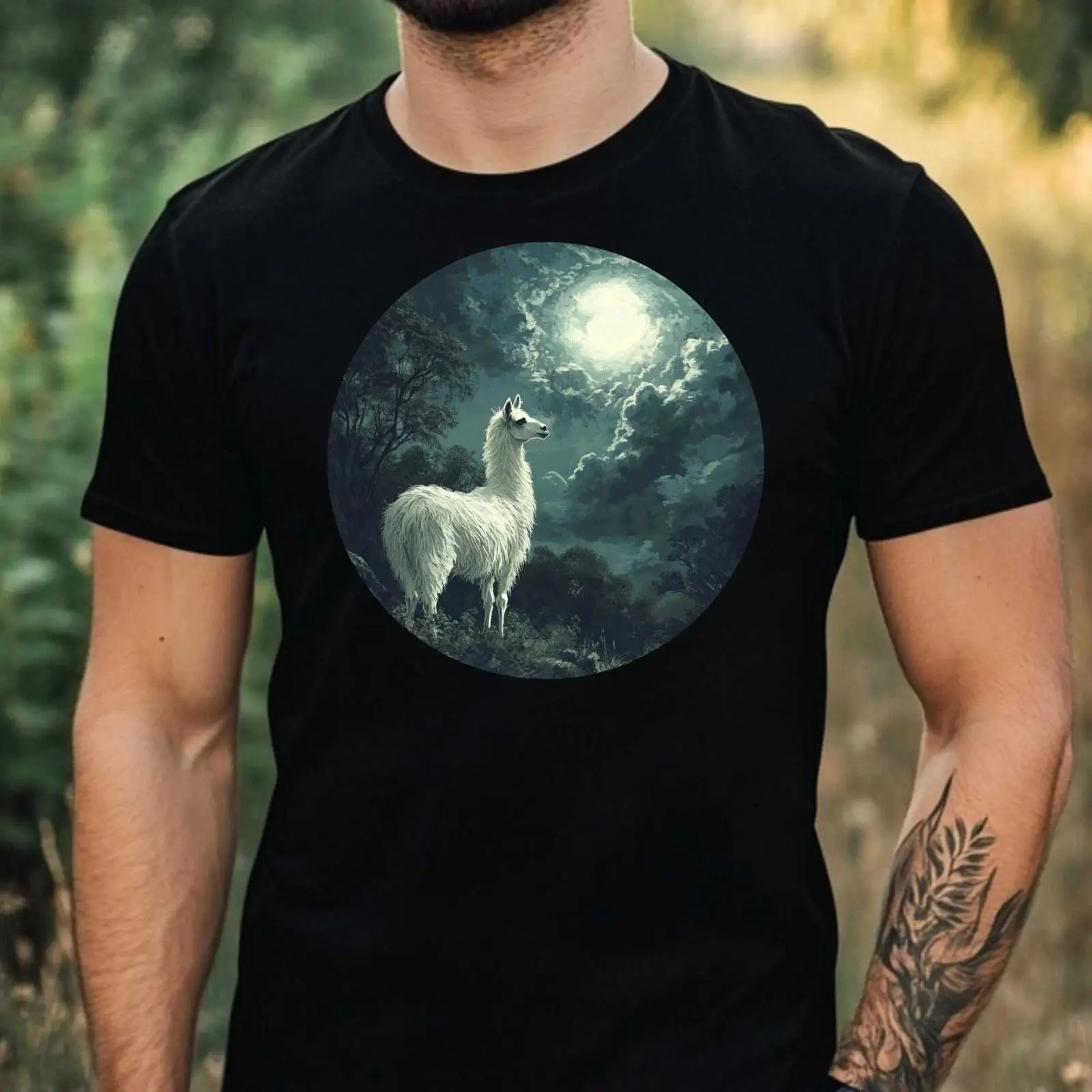 Vintage Fashion Herren - T-Shirt Herren Alpaka im Mondlicht Motiv