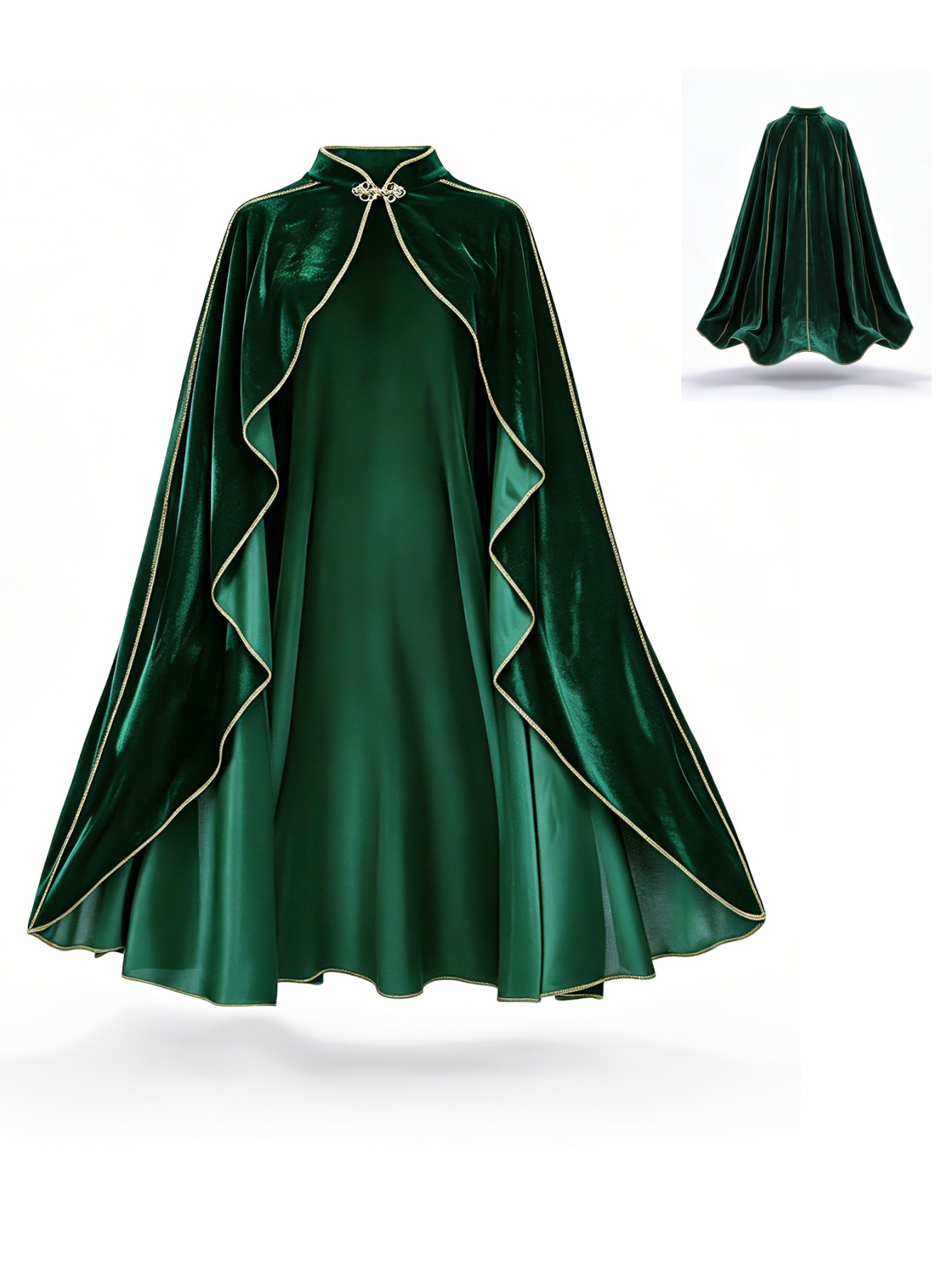 Vintage Fashion Dress - Damen Vintage Grüner Samtumhang mit Goldbesatz,