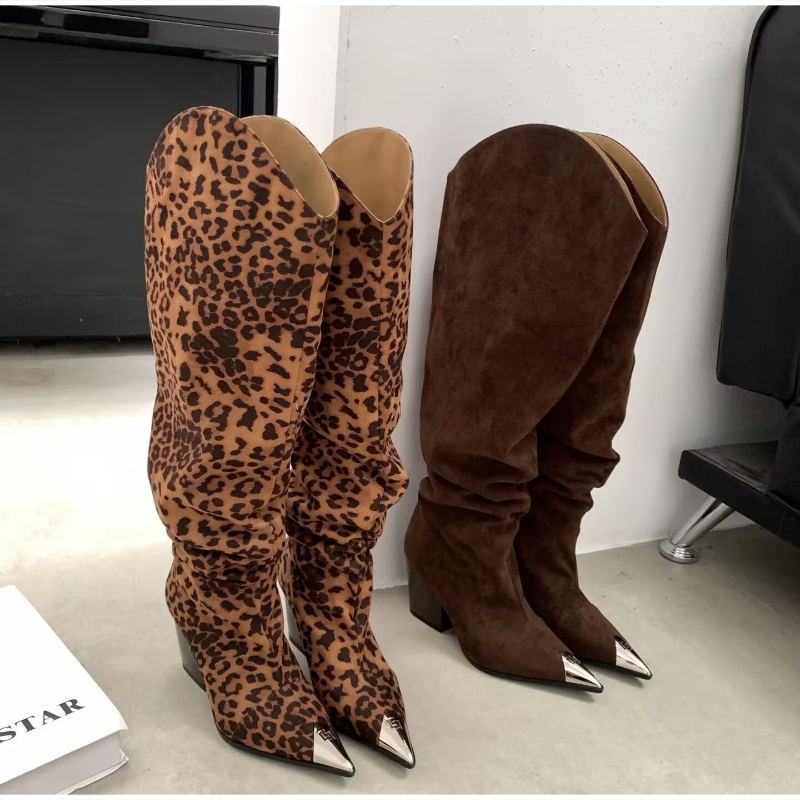 Vintage Fashion Y2K - Leopardmuster Vintage Plissierte Weiche Stiefel mit