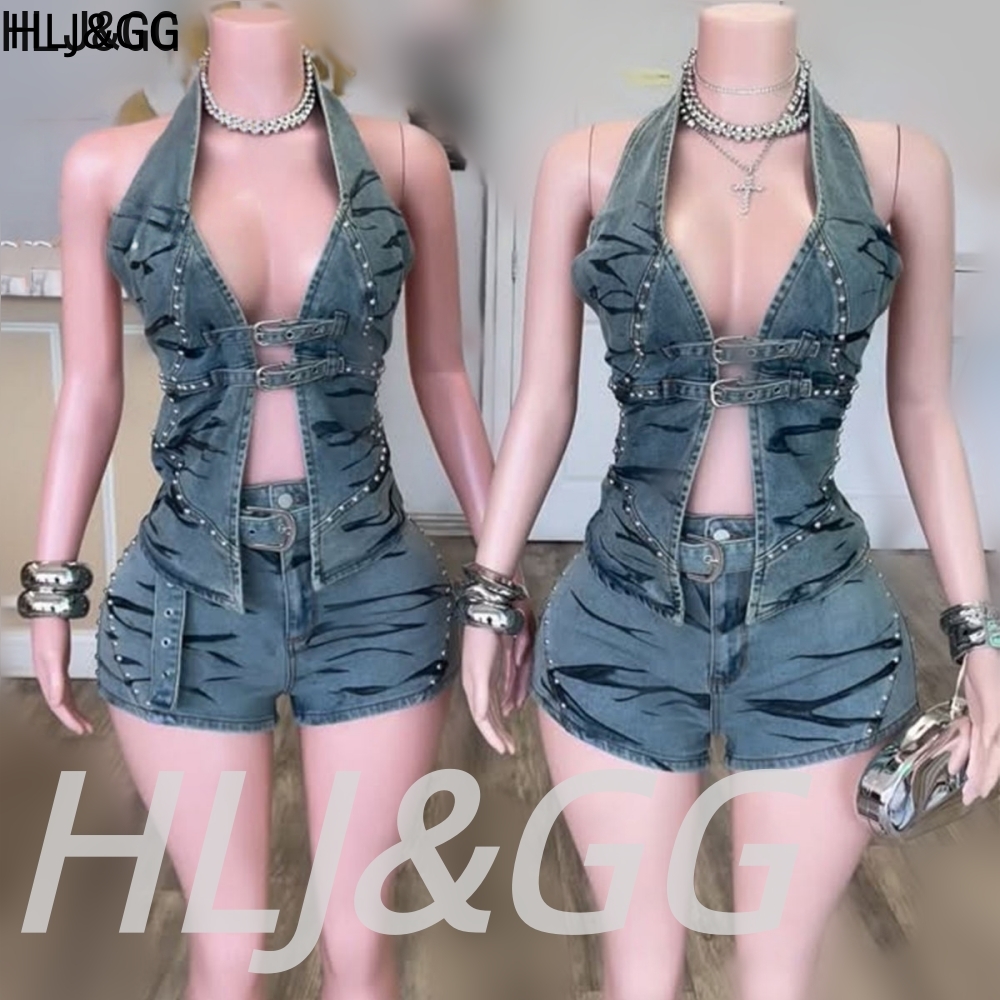 Vintage Fashion Club - HLJ&GG Blaues Vintage-Denim-Set mit Aussparungen, zweiteiliges