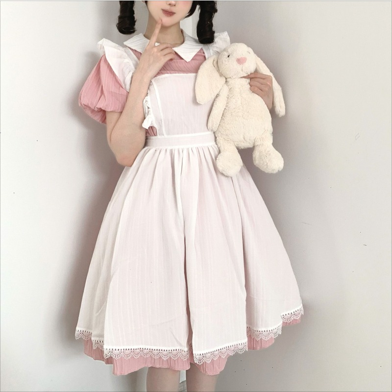 Langes Rosa-Weißes Dienstmädch – Vintage Fashion Dress Bewertung und Preis
